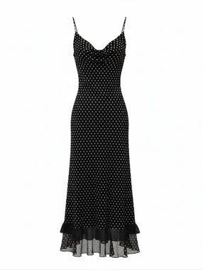 Jonathan Martin Silk Vintage Black Polka Dot Slip Dress with Ruffle Hem Size 14